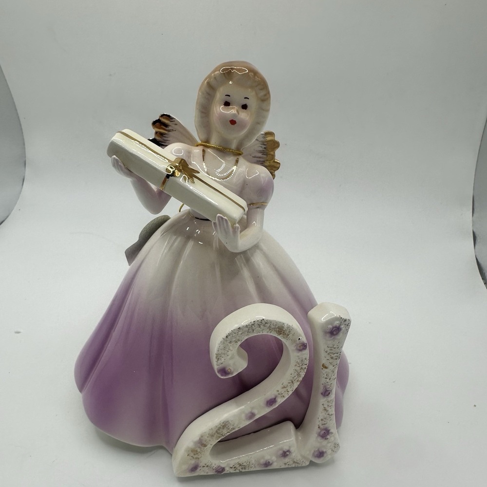 Josef Originals Birthday Girl 21 Lavender Dress Angel Wings With hang tag 6.75"
